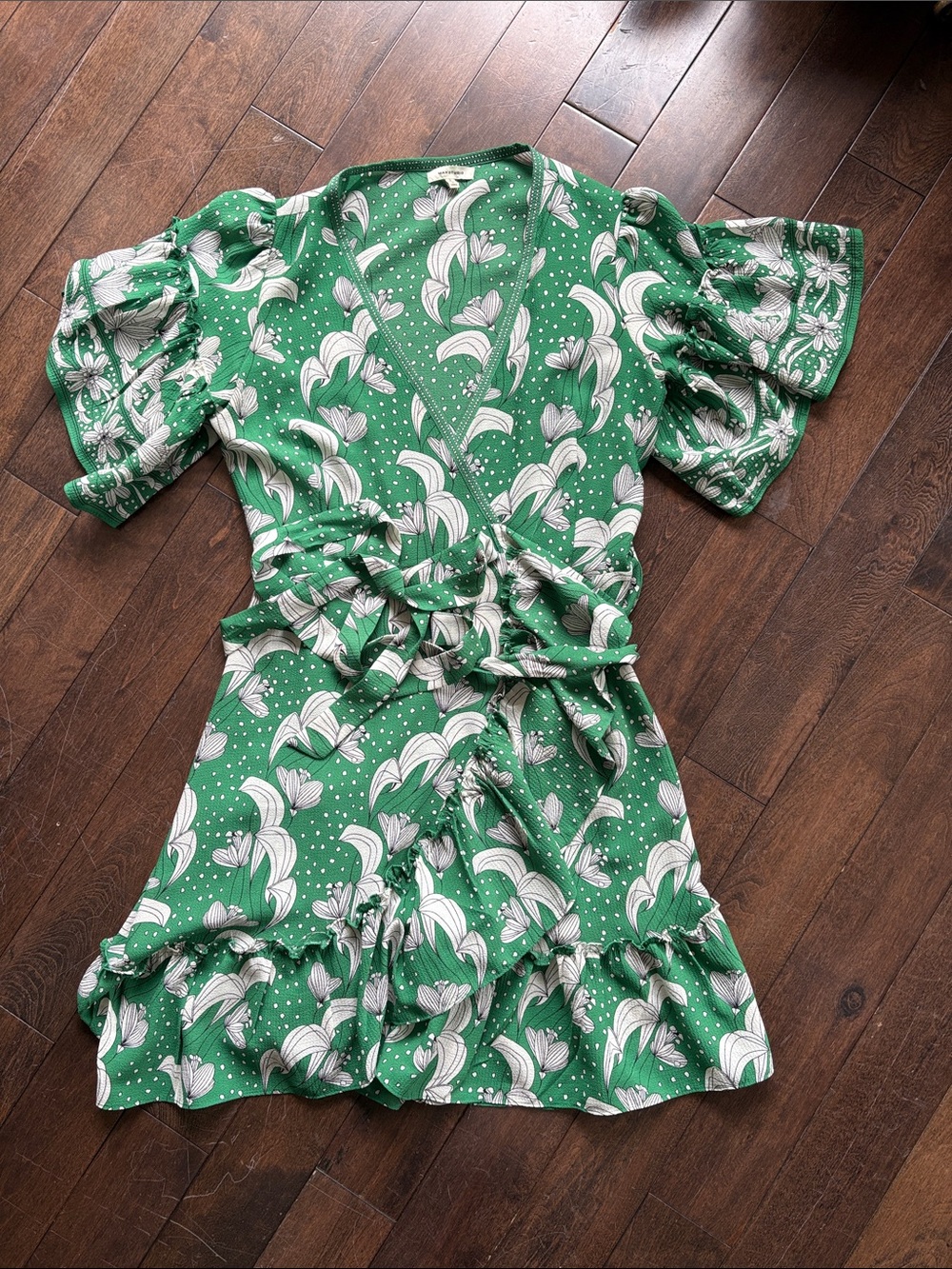 Green Floral Wrap Dress with Ruffle Hem